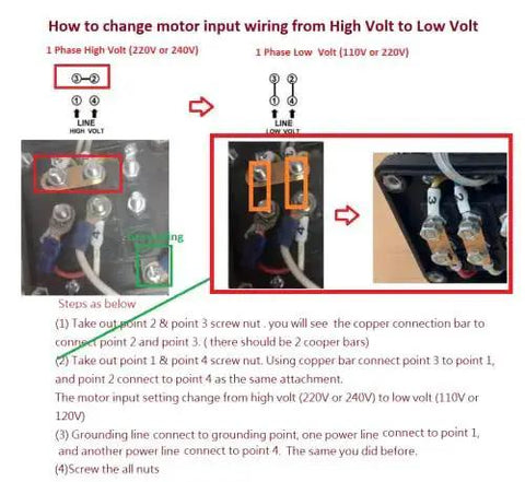 Diagram showing how to change motor input wiring from high to low voltage with detailed connection instructions.