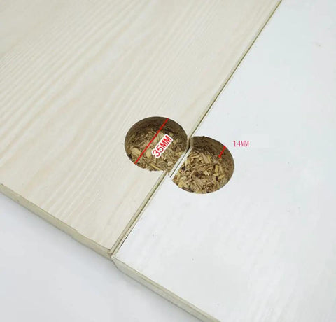 35mm and 14mm holes drilled into a wood panel for Two Piece 90 Degree Adjustable Concealed Cabinet Door Hinge Set For Table Drop Down And Flush Mount Zinc Alloy Construction Durable Kitchen Or Furniture Hardware With Easy Install And Smooth Open Close Action installation
