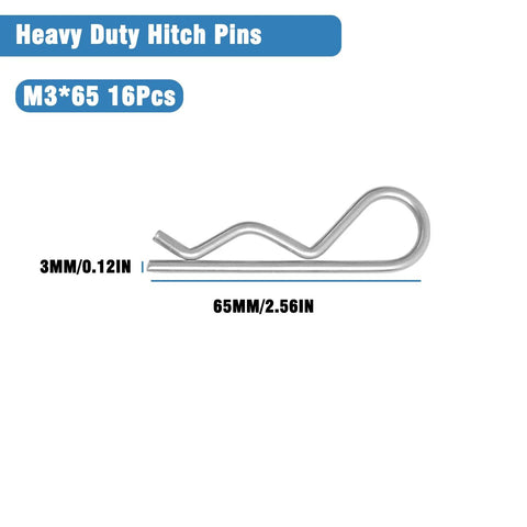 Image of a single cotter pin from a set of sixteen heavy duty cotter pins and hitch R clips for trailers, 3mm wire diameter by 65mm length.
