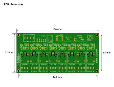 Diagram of Eight Channel I2C Relay Module for Arduino Raspberry Pi ESP32 and Home Assistant with LED indicators, SPDT contacts shown.