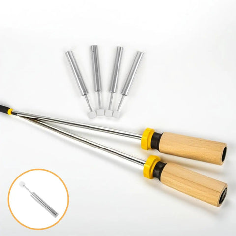 Wooden handle barbecue skewer sticks with five interchangeable metal tips, grilling tool set image.
