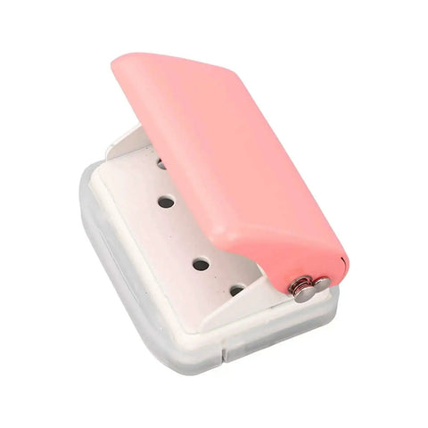 Pink 3 Hole Punch Handheld Paper Puncher With 5 Sheet Capacity And Metal Baked Finish, portable desk tool for paper sizes.