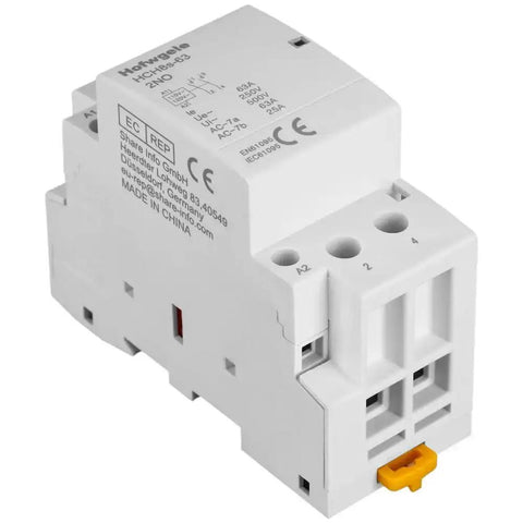 AC Contactor 63A 2 Pole Workhorse With Two Normally Open Contacts, front view on 35mm DIN rail mount, 110V coil