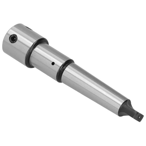 Side view of silver Weldon shank adapter sleeve with MT3 Morse taper and set-screw hole, drill extension.