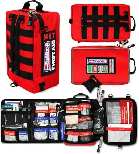 Grab-And-Go First Aid Kit With 300+ Pieces Plus Bonus 95-Piece Travel Pack for Home Office and Outdoors color coded and labeled bag