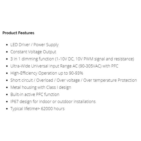 Text image listing features of the Beefy 320W 24V DC LED Driver Power Supply With Dual Mode CV And CC Output, Waterproof IP67.