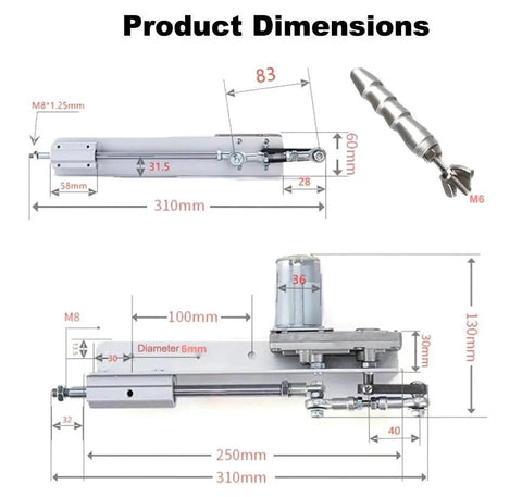 Technical drawing of DC 24V Reciprocating Linear Actuator With Remote End Connector And Adjustable Stroke From 0.78 To 3.15 Inches Speeds Up To 120 RPM Pushing Force 6 To 40 Lbs with product dimensions.