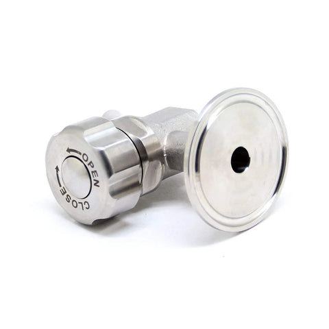 QiiMii 1.5-inch SS304 stainless beer sampling valve with clamp end, open/close knob, angled view.