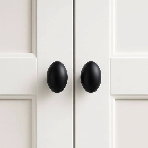 Oval Matte Black Cabinet Knobs 10 Pack For Kitchen And Furniture By EAXINTA Modern Single Hole Hardware Installed on White Cabinets