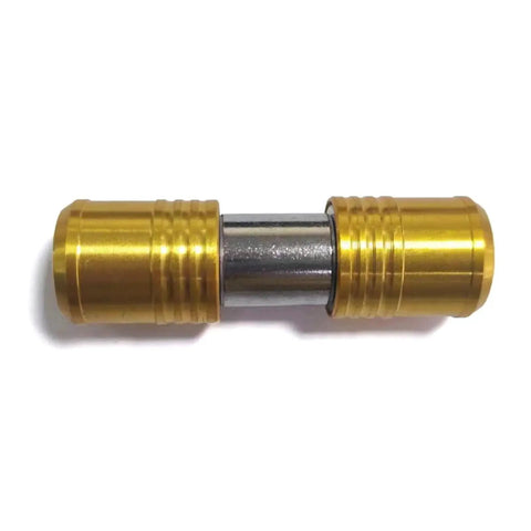 Hex socket adapter with double-ended extension rod; gold end sleeves and steel center shaft.