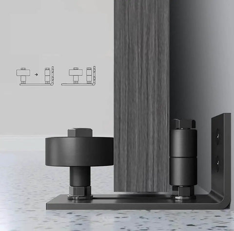 Deep Gray MDF Barn Door With British Brace Knotty Style, 48 by 84 Inches, installed with 8-foot sliding door hardware kit.