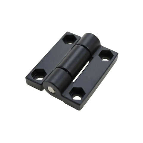 Torque-damping hinge, black zinc alloy square, four screw holes, close-up view