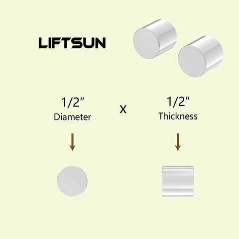 Front and side views of Liftsun neodymium magnet, 1/2 in diameter x 1/2 in thick, silver, 12-pack.