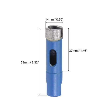 Front view of Heavy Duty 14mm Sintered Diamond Core Drill Bit Pro Grade Hole Saw For Masonry Brick Concrete Block Marble Dry Or Wet Drilling With M10 Angle Grinder By Uxcell Pro, showing dimensions and blue body.