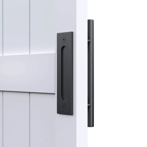 Close-up of DIY Ready Space Saving Bi-Fold Barn Door Kit With Sliding Hardware, white H-Frame, handle detail, waterproof PVC surface