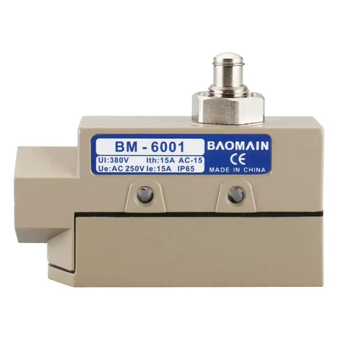 Side view of Sealed TZ-6001 Limit Switch with plunger actuator, IP65 waterproof aluminum shell for industrial machinery use.