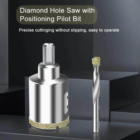 Pro Grade Two And A Quarter Inch Diamond Hole Saw With Pilot Bit And Diamond Tip Coating For Glass Ceramic Marble Porcelain Tile Granite Quartz For DIYers With Guiding Drill Bit For Precise Cutting By ASNOMY displayed with pilot bit