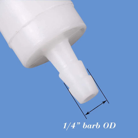 White plastic inline check valve with 1/4-inch barb hose connection
