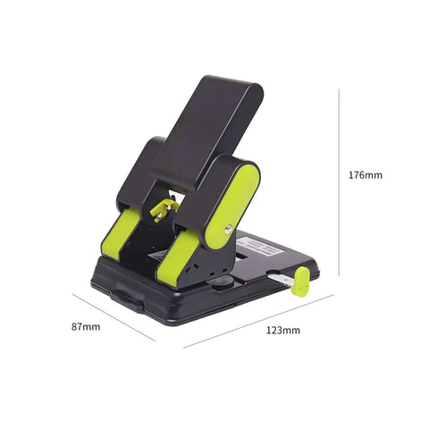 2 Hole Paper Punch With Adjustable 70Mm Or 80Mm Spacing And 6Mm Hole, punches up to 70 sheets, black and green design, shown from side angle.