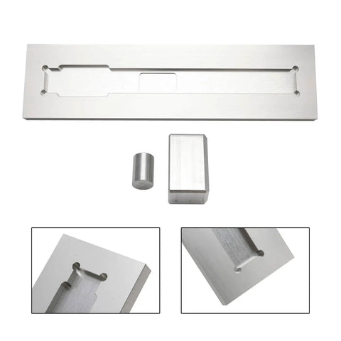 Aluminum Welding Jig Kit For PM-63 Rak Alignment shown in three pieces: main plate, cylinder, and block, illustrating adjustable and durable construction.