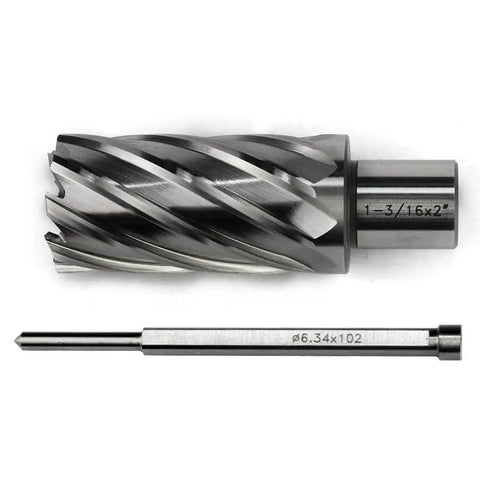 Pro Grade Annular Cutter Kit For Magnetic Drill Press With One And One Sixteenth Inch Cutting Diameter And Two Inch Depth Of Cut Weldon Shank Three Quarter Inch With Two Flat And Pilot Pin Thin Wall For Faster Holes OSCARBIDE, showing cutter with flute design and pilot pin