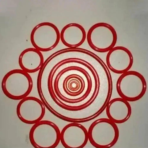 Assorted red silicone O-rings with varying sizes displayed in a circular pattern, highlighting Pro Grade Heavy Duty Silicone O Ring Seal 7.28 Inch Outer Diameter 7.0 Inch Inner Diameter 0.14 Inch Cross Section VMQ Red Gasket For Engines Faucets Flanges Valves Pipes And Compressors.