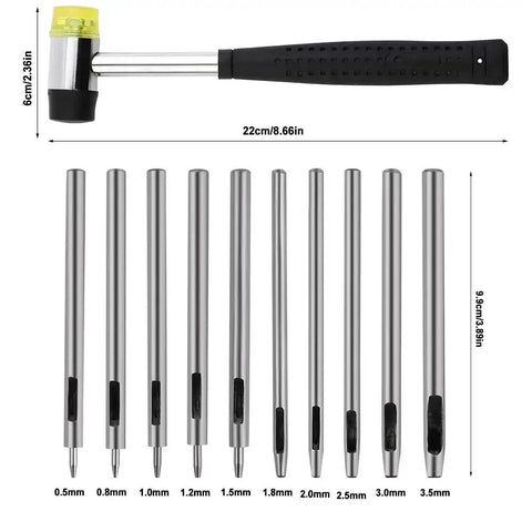 Leather Hole Punch Tool Set With 10 Round Punch Sizes From 0.5mm To 3.5mm And Double Head Plastic Rubber Hammer for various projects