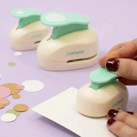 Three Inch Circle Hole Punch With Lever For Precise Clean Cuts Great For Scrapbooking Cards Journals And DIY Paper Crafts Super Handy Compact Round Punch For Cardstock On The Go in use on a craft table