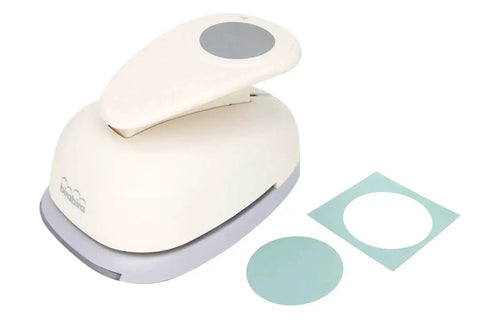 Front view of 3 Inch Circle Lever Action Craft Punch For Paper Crafting And Scrapbooking Handy Compact Tool next to cut paper circles