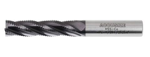 Half Inch TiAlN Cobalt Roughing End Mill M42 8 Percent Cobalt With Half Inch Shank And Two Inch Flute Length Four Flute Coarse Tooth Perfect For Profiling And Shallow Slots In Hard Materials Accusize Industrial Tools product showing side view with visible coarse teeth and shank engraving.