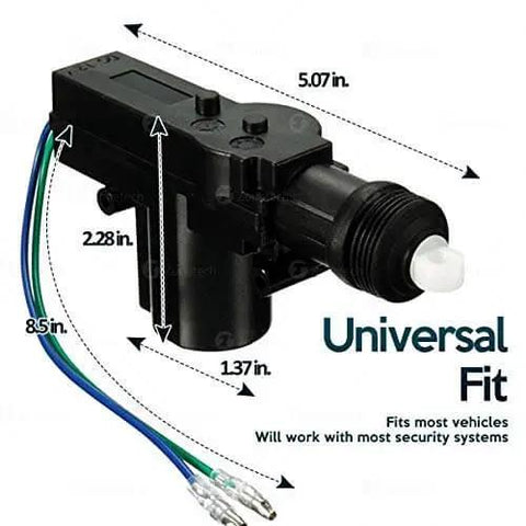 Universal Car Door Lock Actuator High Power Heavy Duty Premium Quality Durable Automotive Locking Mechanism shown with dimensions