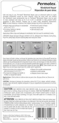Back packaging of Permatex Windshield Chip Repair Kit For Stone Damage And Bullseyes showing instructions and cautions.