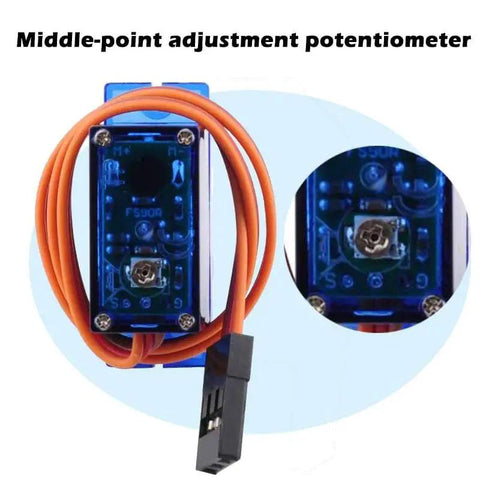 Wishiot micro servo tester kit featuring FS90R 9g servo on blue PCB with orange wire leads and black connector