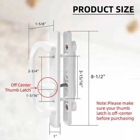 White Patio Sliding Glass Door Handle Set With Reversible Design Fits 1 3 8 To 2 1 4 Inch Thick Wood Or Vinyl Doors 3 15 16 Inch Hole Centers And 45 Degree Keyway For Offset B Position Latch Installations product dimensions diagram