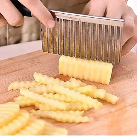Wavy Crinkle Cutting Tool for Veggies and Fruits with Serrator Blade Dope Salad Chopper Knife and French Fry Slicer in use