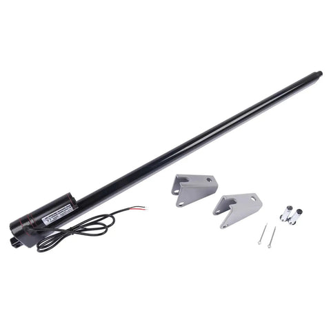 32 Inch 12V Linear Actuator With Beefy 440 Pound Load Capacity, 2000N, IP65 Waterproof, shown with mounting brackets and accessories