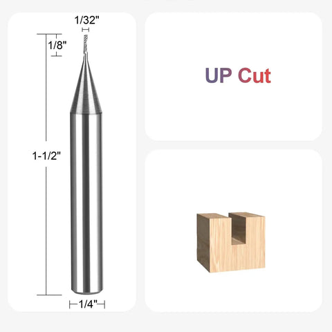 O Flute Spiral Router Bit for CNC, One Quarter Inch Shank, One Thirty Second Inch Cutting Diameter, Upcut Single Flute Carbide End Mill