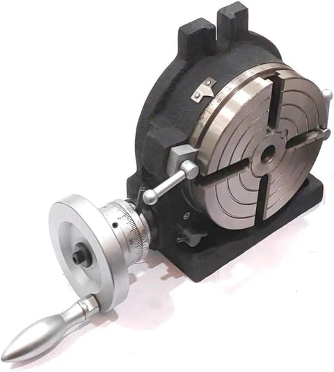 Side view of Horizontal And Vertical 6 Inch Rotary Table with four slots and dividing plates for milling machine tools.