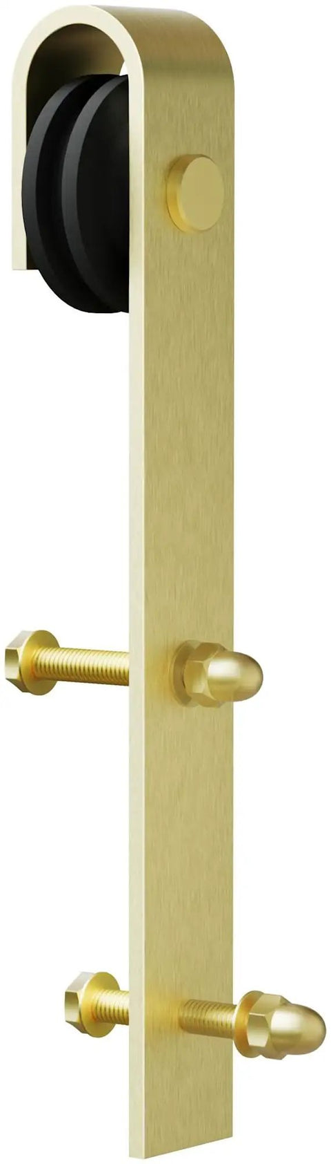 Close-up of 78-3/4 Inch Bent Strap Barn Door Hardware Kit component in brass finish showing roller and mount bolts detail.