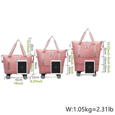 Expandable Travel Tote Bag With Trolley Sleeve And Wheels, size comparison, waterproof pink Oxford duffel, expands 14 to 22 inches