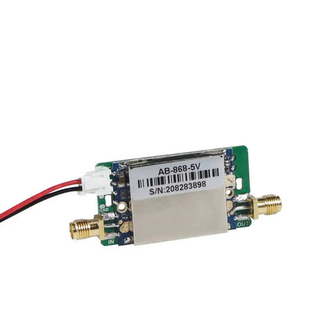 Close-up of Two Way LoRa Signal Booster And Power Amplifier Module For 863-870MHz And 902-928MHz with visible connectors and circuit board