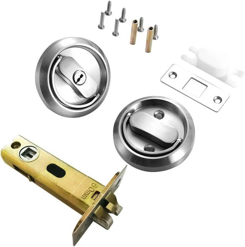 Privacy Door Latch Lock With Keys For Bedroom And Bathroom Doors, Stainless Steel Construction, parts shown in flat lay.