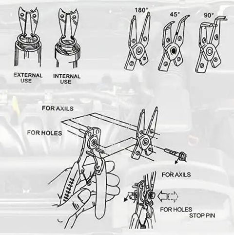 4 In 1 Snap Ring Pliers Set With 3 Interchangeable Jaw Heads Pro Grade And Heavy Duty Angled 45 Degree 90 Degree And 180 Degree For Auto And Engine Repair Red diagram