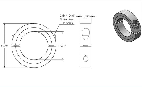 Technical drawing and perspective of Double Split Shaft Collar With Set Screws In Carbon Steel Includes Allen Wrench For Heavy Duty Machinery And Industrial Use One And Three Quarters Inch Shaft Clamp Delivers Pro Grade Holding Power, Uniform Clamping, And Minimal Shaft Distortion