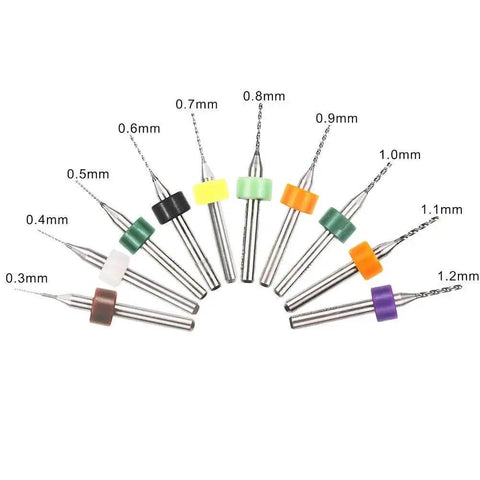 PCB Drill Bits Set 50 Pieces High Quality Tungsten Carbide Spiral Flute Bits For Printed Circuit Boards Jewelry CNC Engraving And Dremel Stone Milling 0.3mm To 1.2mm Precision Toolkit For Hobbyists And Pros shown in various sizes with colored rings