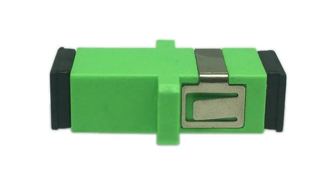 SC fiber optic adapter, female-to-female APC, green housing with mounting panel
