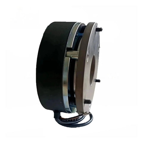 Servo motor assembly with holding brake; side view, black housing and brown mounting flange with attached wiring