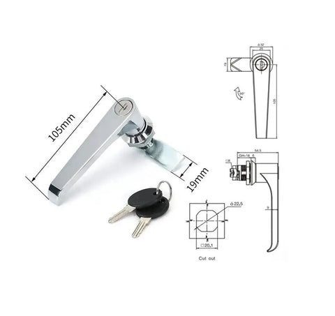 Two Pack Zinc Alloy Cabinet Locks With Keys Chrome Finish L Handle Style Heavy Duty Security Locks shown with dimensions and keys