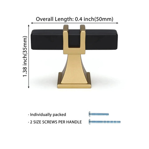 Black And Gold Cabinet Knobs Set 10 Pack With Matte Finish Stainless Steel Pull And Zinc Alloy Base, dimensions highlighted.