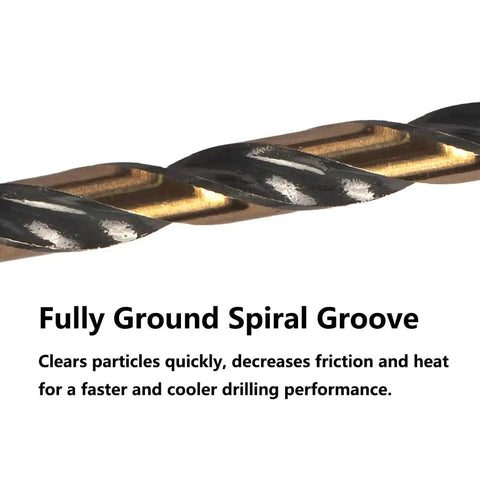 Close-up of 10 Pcs 7 64th Inch Impact Hex Drill Bit Set With Quick Change Driver HSS Black Gold Bits shows spiral groove detail.